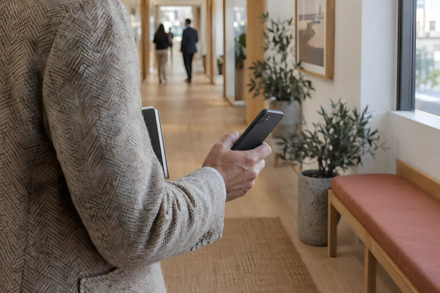 A professional holds a phone while walking through a sunlit office corridor.