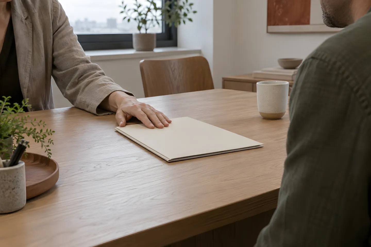 One colleague sets a paper folio on an oak table for another.