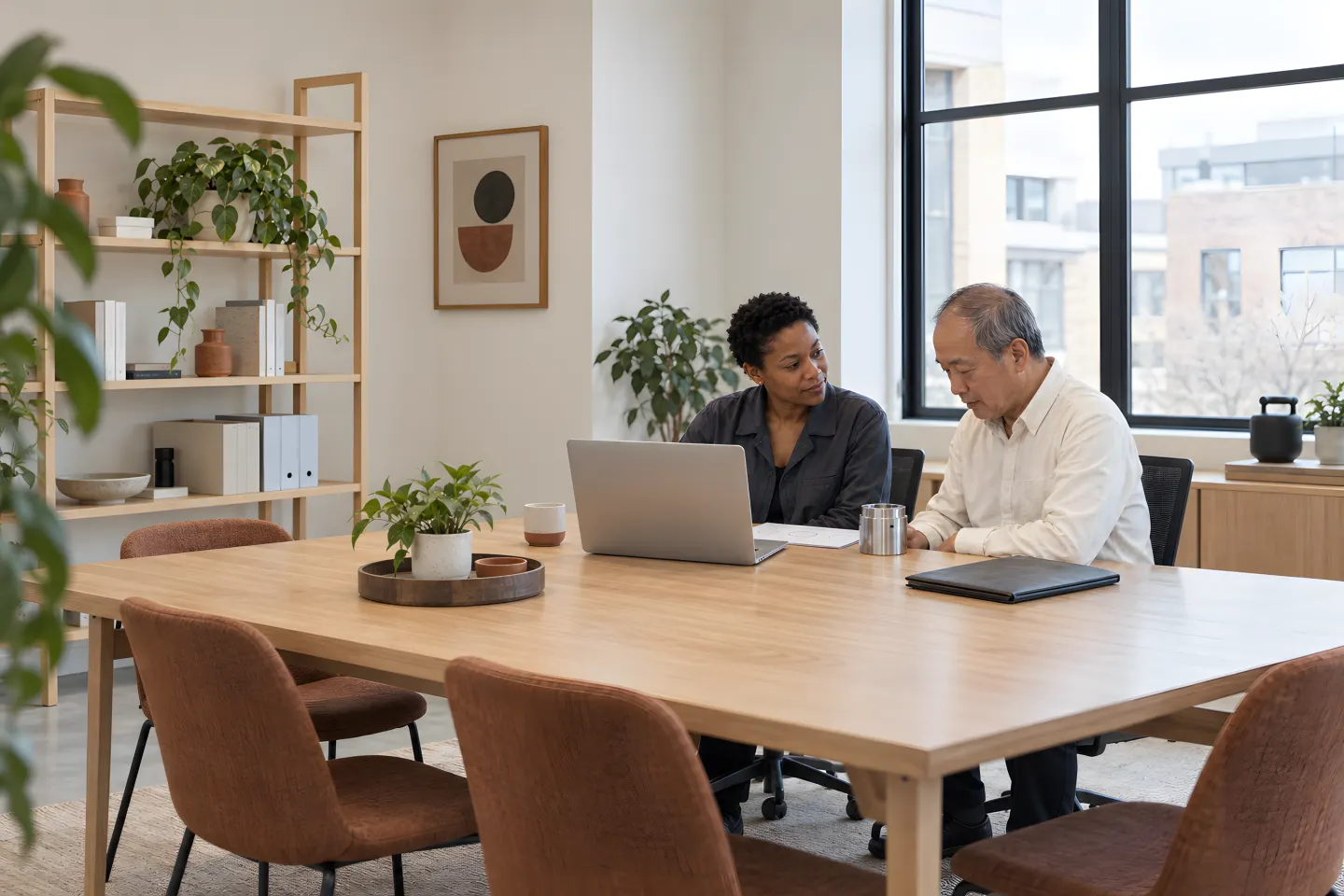 Two colleagues review an enquiry at a laptop in a bright meeting room.