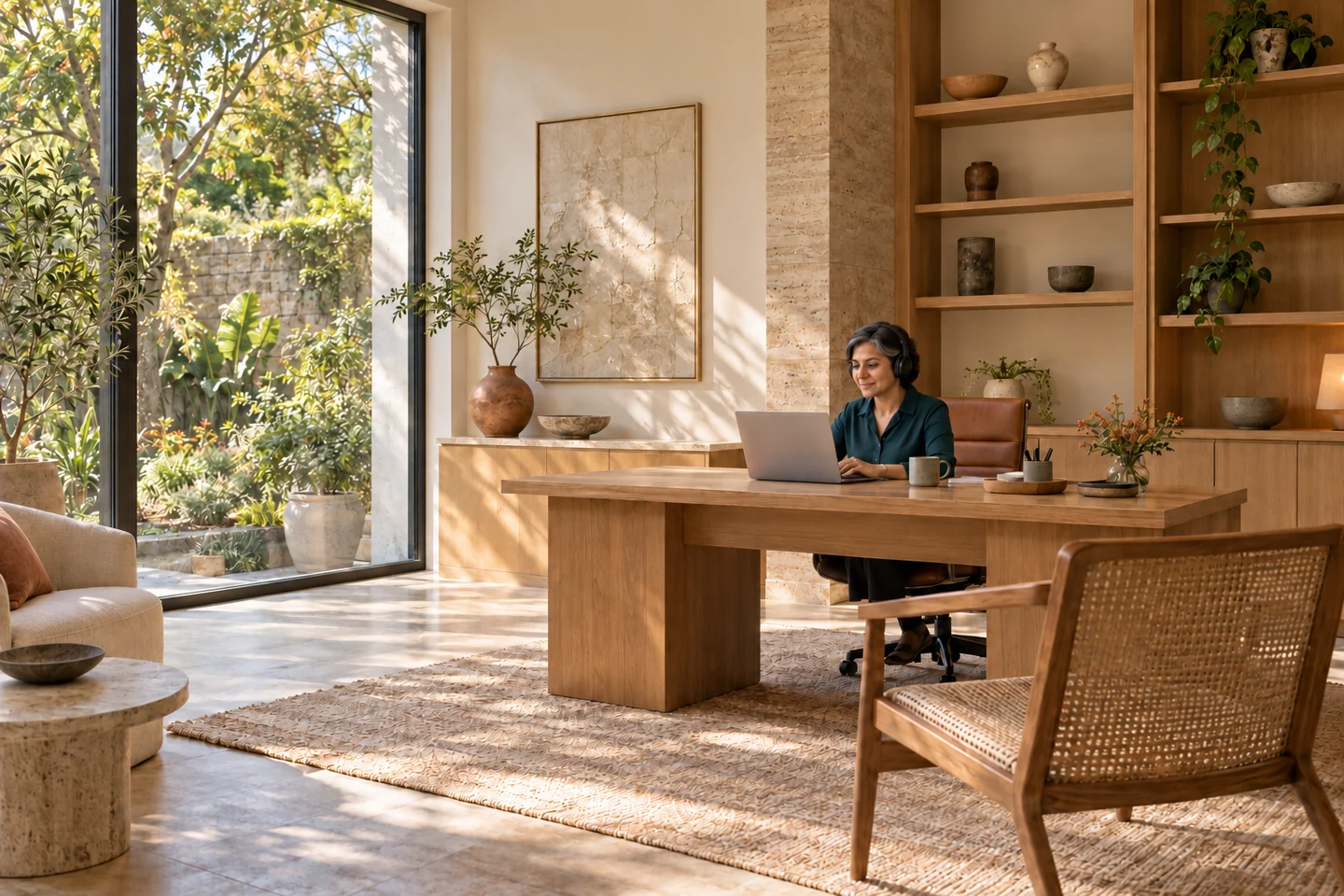 A procurement specialist wearing a headset works at a laptop in a warm, sunlit office.