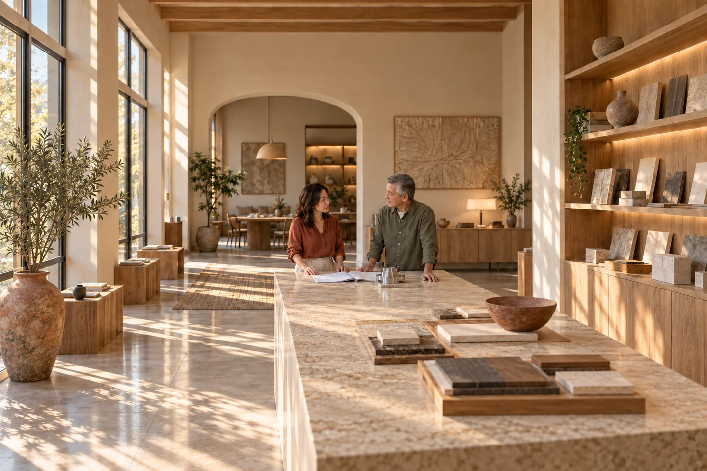 Sales and engineering colleagues review an enquiry beside material samples in a warm showroom.