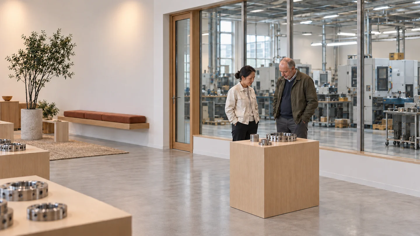 A buyer and a sales engineer look at machined samples in a showroom beside the factory floor.