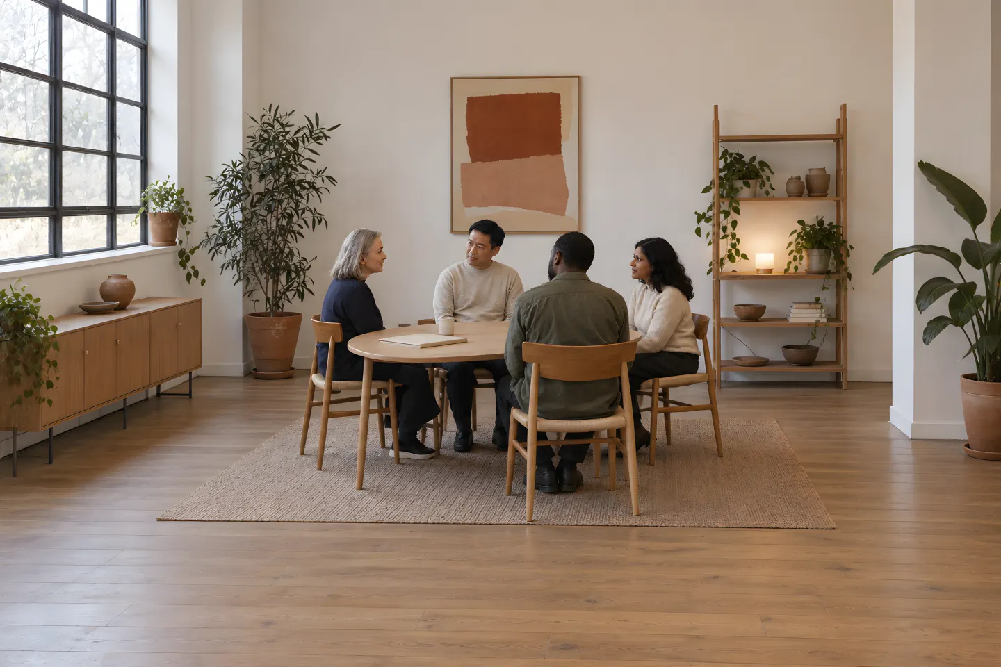 Four professionals talk around a round oak table in a bright studio.