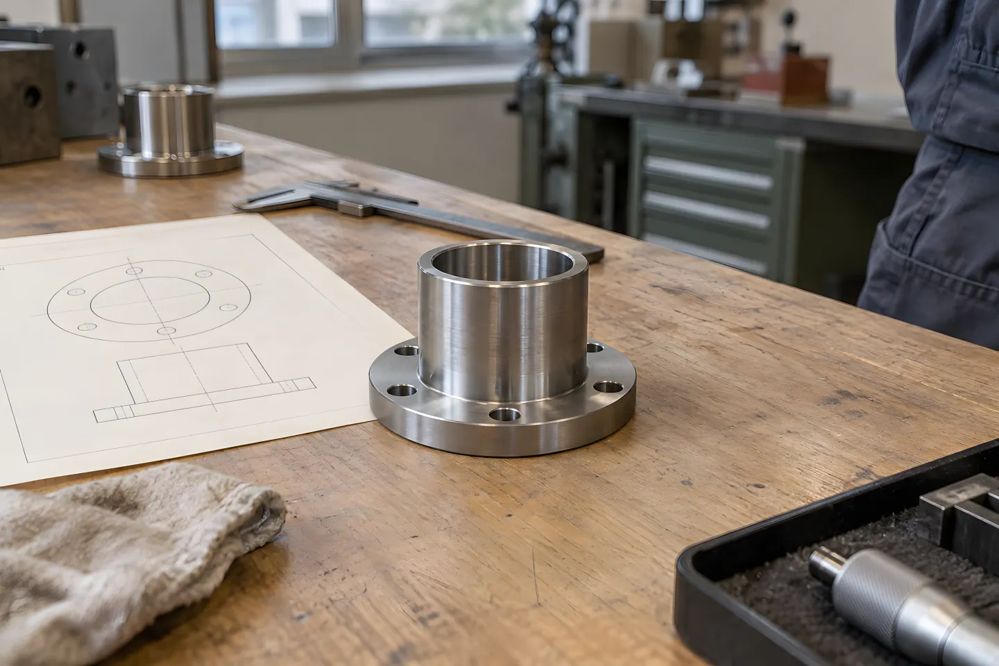 A machined flange rests beside a technical drawing on a workshop bench.