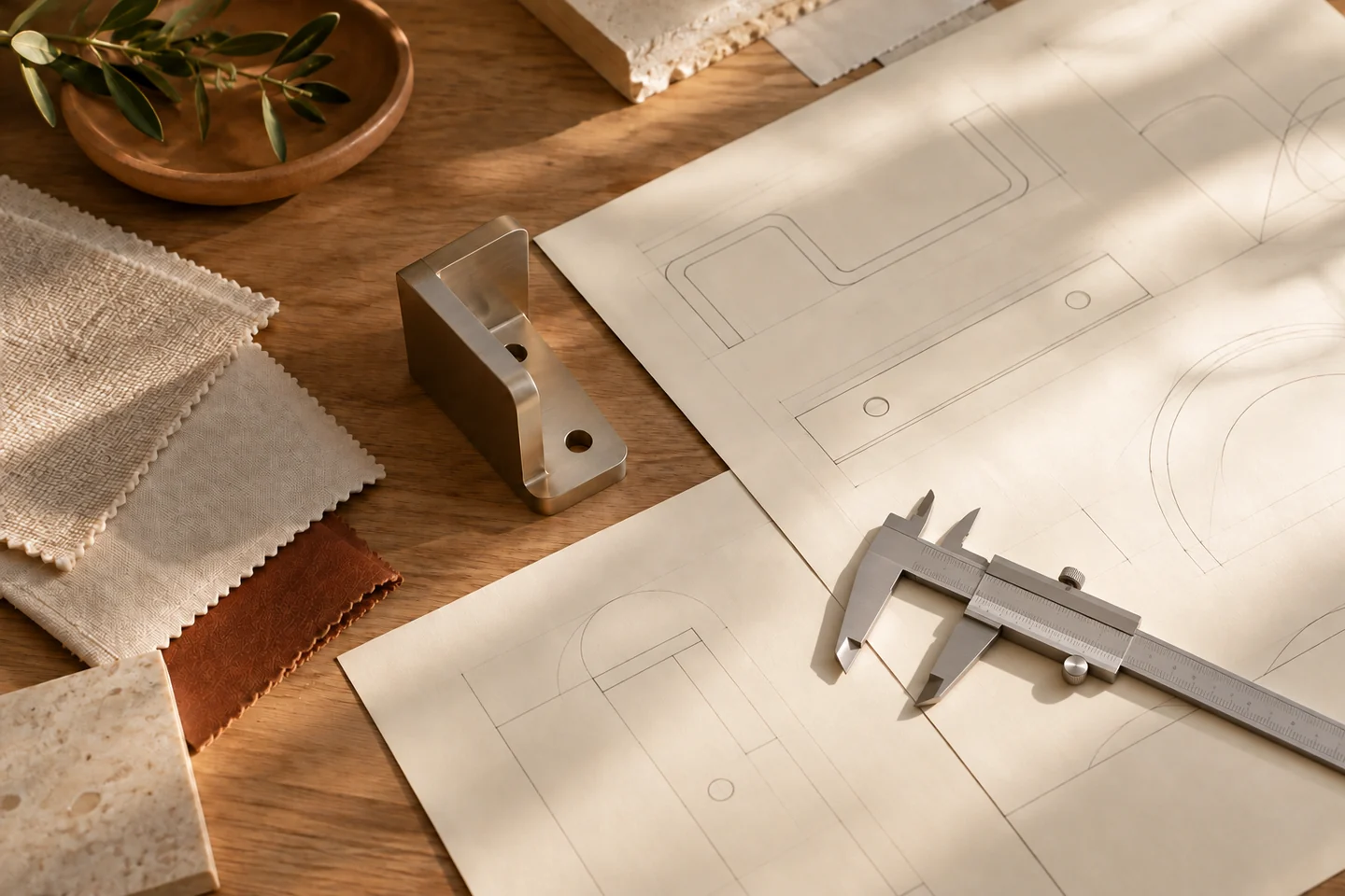 Material samples and a measuring tool rest on unlabelled technical drawings.