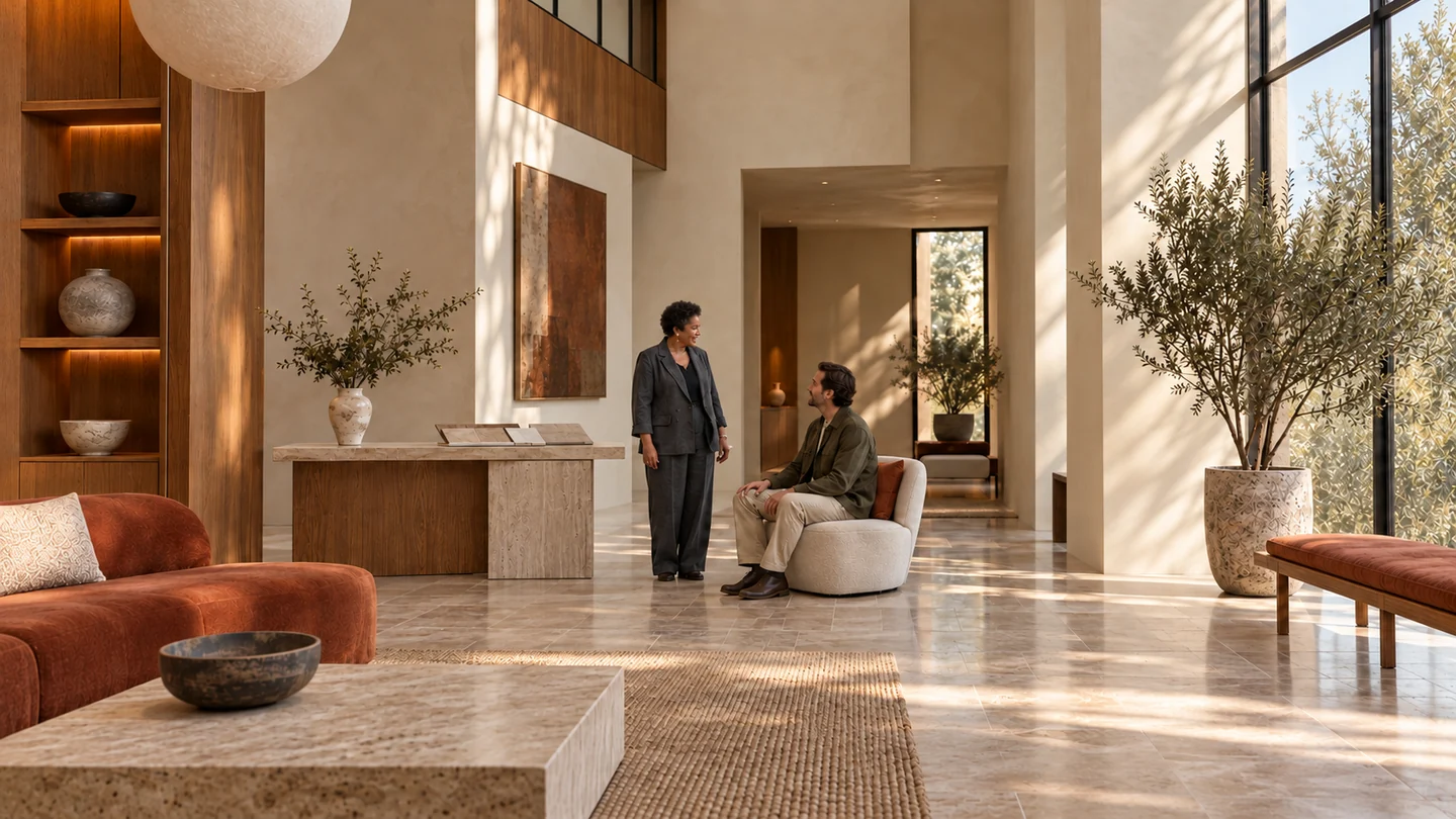 A consultant talks with a client in the lounge of a warm stone-and-oak studio.