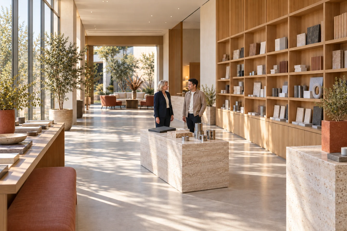 A buyer and a supplier talk beside sample displays in a bright showroom.