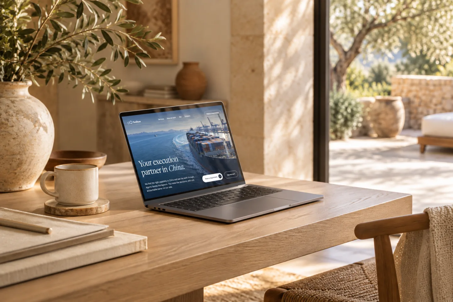 An open laptop showing a company website sits beside a ceramic cup on a sunlit oak desk.